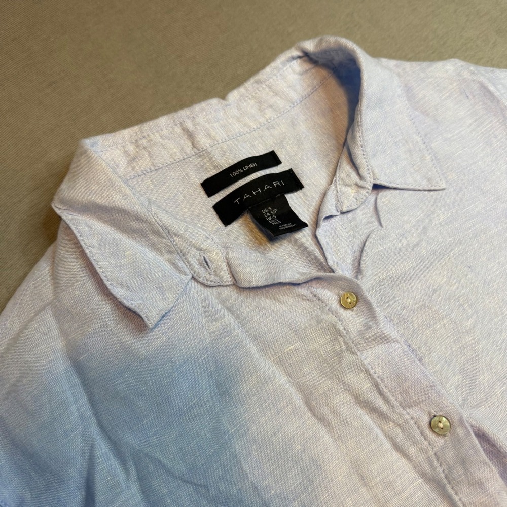Tahari‎ Womens 100% Linen Short Sleeve Button Down Shirt Light Blue Size S
